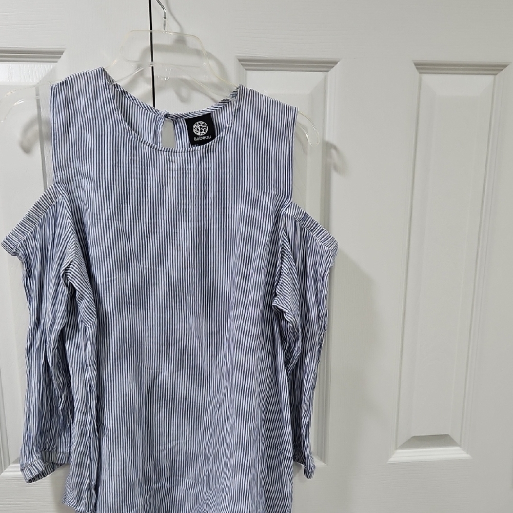 Striped Blue Cold Shoulder Top